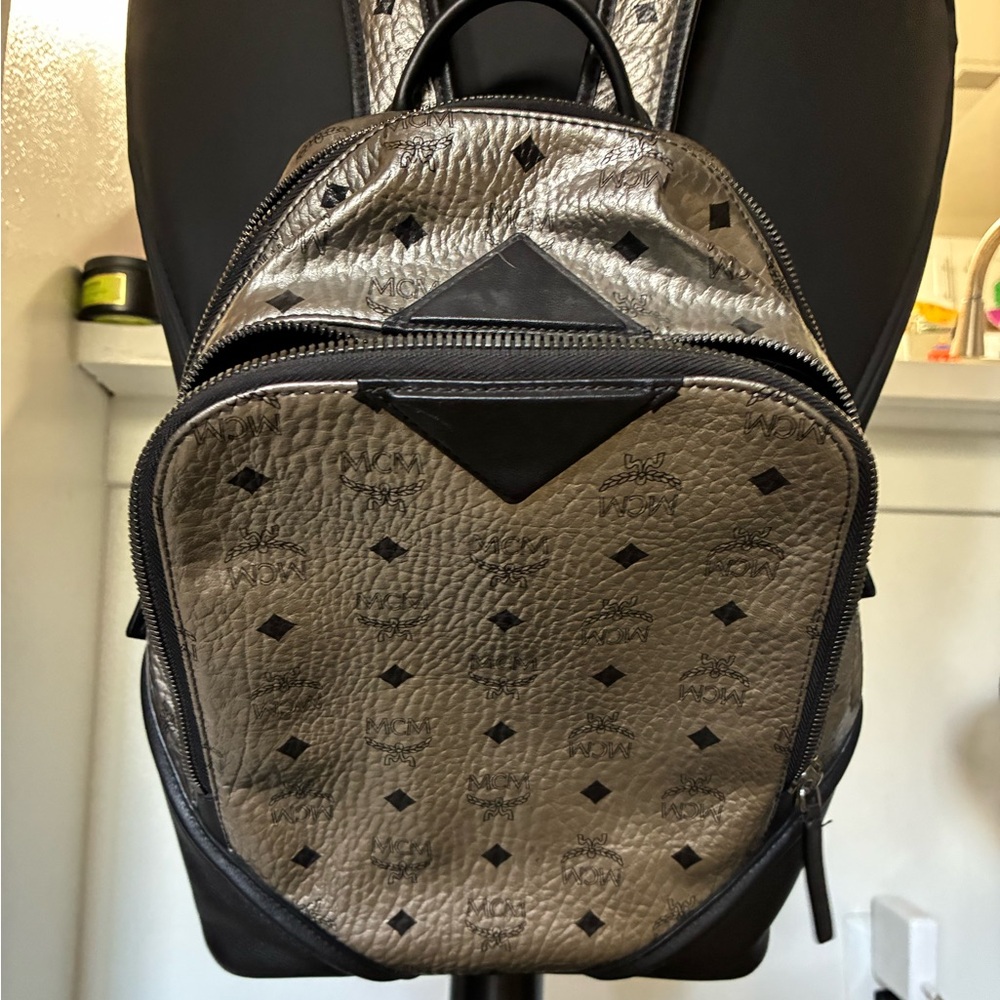 MCM Metallic Taupe and Black Logo Backpack